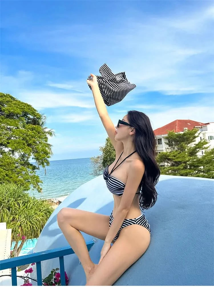New Sexy Striped Bikinis Three Pieces Swimsuit Women Swimwear with Skirts Beach Wear Bathing Suits Korean Bikini Set Pool 2024 - M & M Global