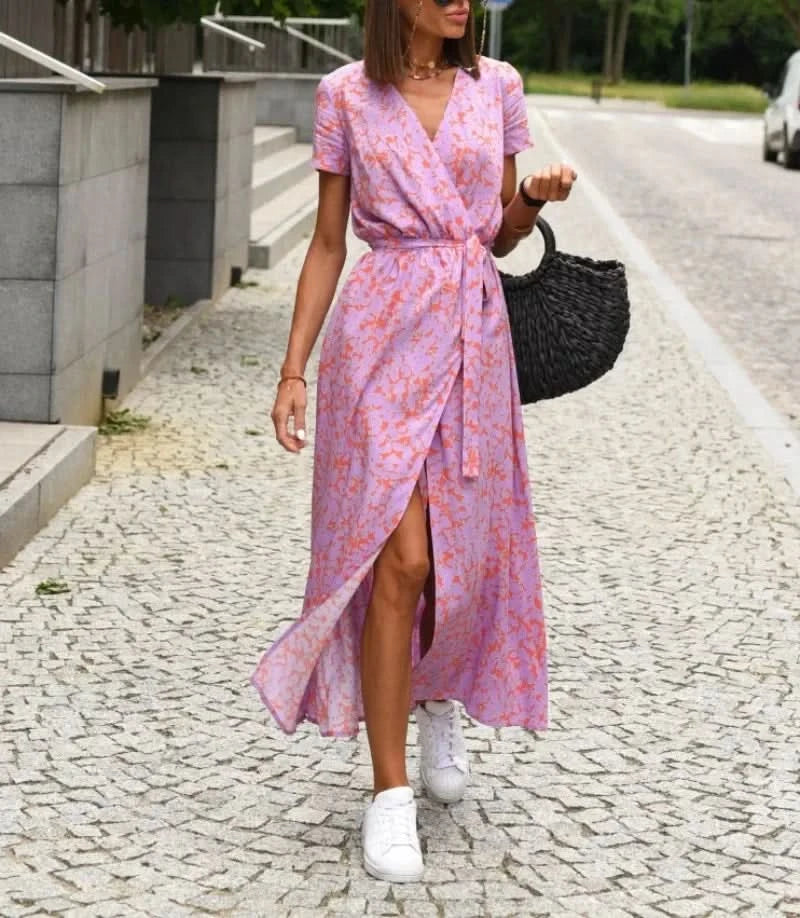 Women's Fashionable Casual Loose Dress Ladies Floral Tie V-neck Split Print Short Sleeved Long Dress - M & M Global