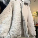American New Winter Unisex Oversized Fur Trim Hooded Padded Coat Navy Blue Preppy Emblem Warm Casual Fashion Jacket