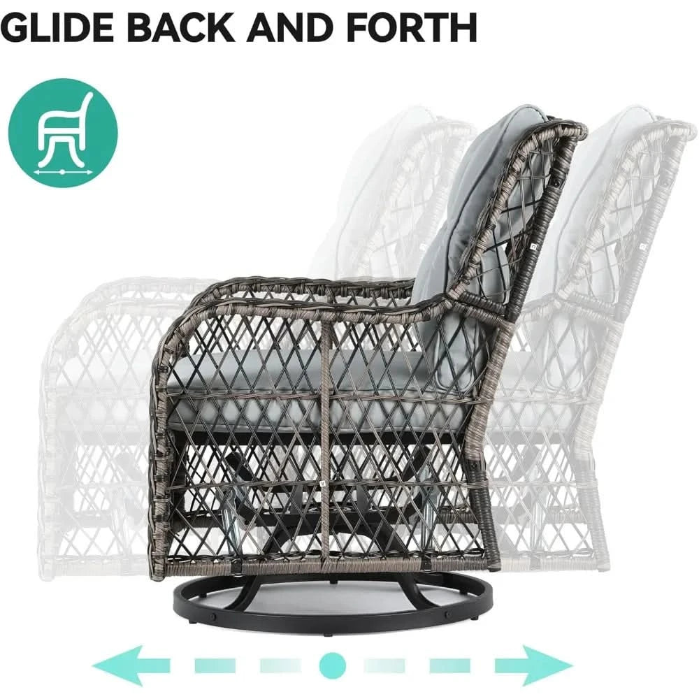 3 Piece Patio Outdoor Swivel Glider Rocker Wicker Patio Bistro Rocking Set with Wood-Grain Table for Garden, Backyard and Balco