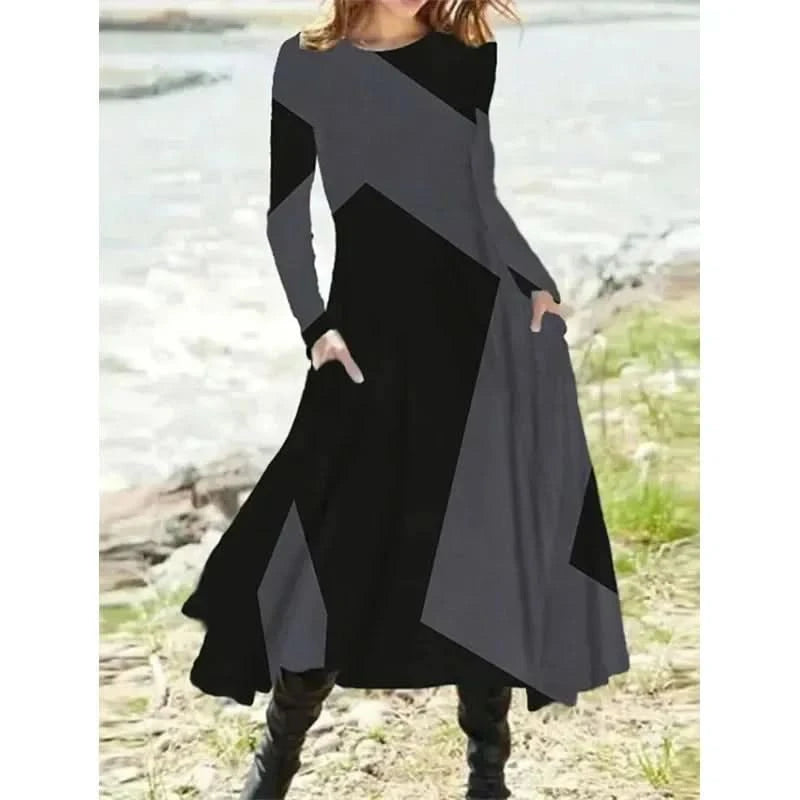 Long Dress Casual Eid Style Retro Autumn and Winter Long Sleeved Oversized Swing Maxi Dresses Patchwork Streetwear Vestidos - M & M Global