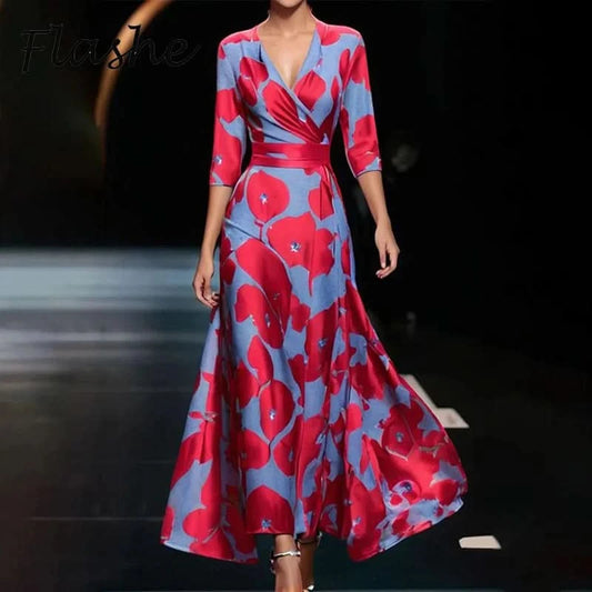 Elegant Women Long Dress Women V Neck 3/4 Sleeve A-Line Party Dresses For Women Fashion Flower Printed Vestidos Robe - M & M Global