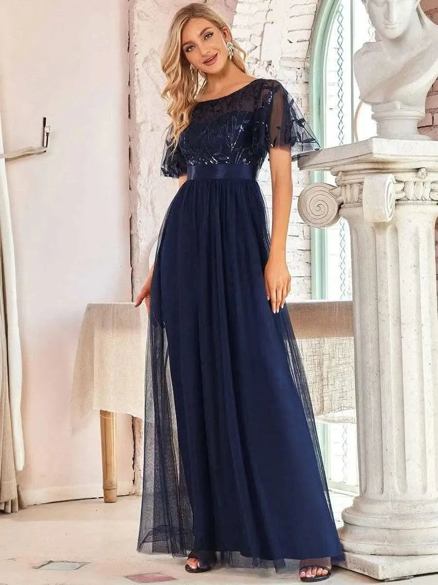 2023 New Women's Burgundy A-Line Sequin Mesh Leaf Maxi Prom Dress Sparkle Evening Dresses O-Neck Short Sleeve Long Dress - M & M Global