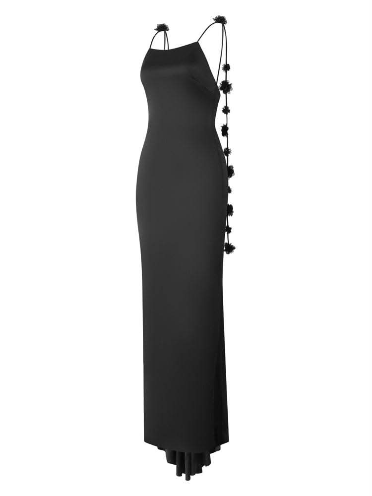 CHRONSTYLE Satin Backless Spaghetti Strap Long Dress for Women Sexy Backless 3D Flower Tassels Dress Party Cocktail Y2K Vestidos - M & M Global