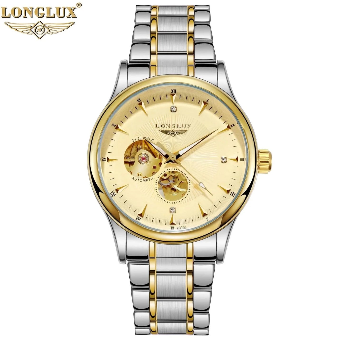 LONGLUX Men automatic mechanical watch elegant luxury watches waterproof skeleton business wholesale stainless steel gift watch - M & M Global