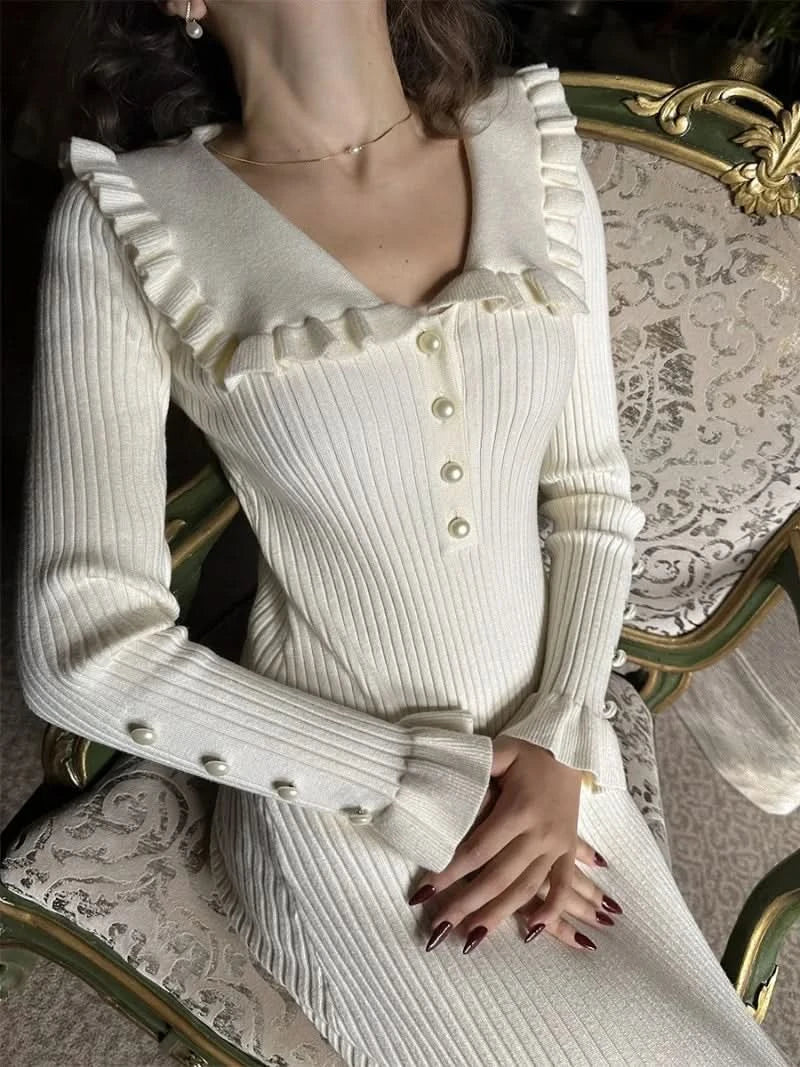 TARUXY High Waist Ruffled Maxi Dresses For Women Autumn Winter Knitted Slim Long Dress Women's Vintage Dress Woman Retro Elegant - M & M Global