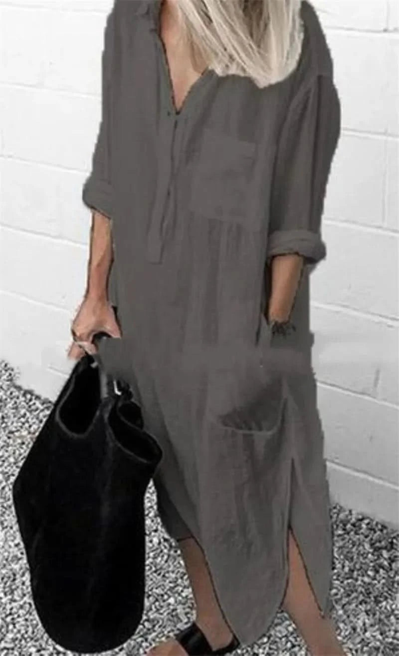 Spring Summer Women's Solid Color Loose Split Shirt Midi Dress Elegant Casual Button Pocket V-Neck Long Sleeve Long Dress 2024 - M & M Global