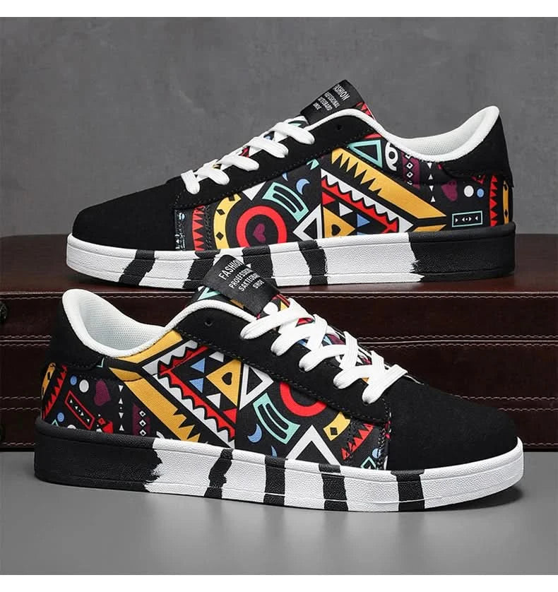 YRZL Men's Sports Running Shoes Canvas Geometric Style Lace-Up Sneakers Couples' Fashionable Graffiti Print Skate Shoes Men - M & M Global