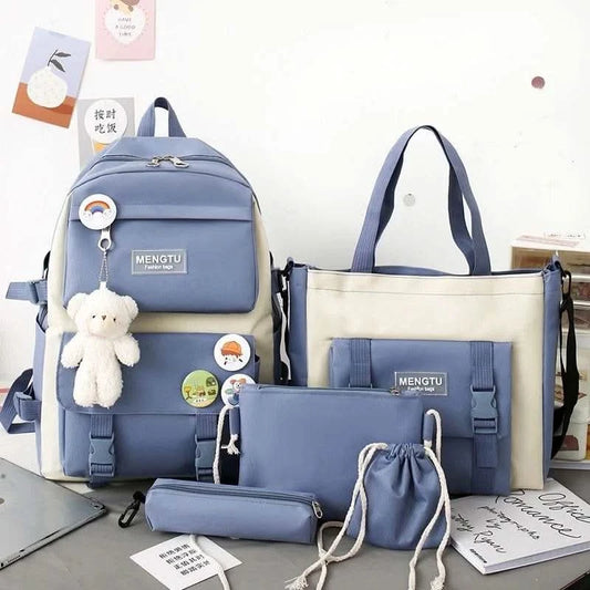 5PCS Kit Backpack Female Fashion Lady High Capacity Waterproof College Trendy Girls Laptop School Bags Cute Girl Travel Book Bag - M & M Global