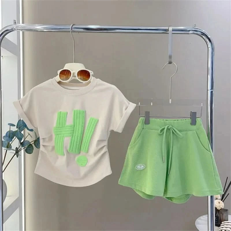 Girls Clothes Sets 2024 Summer Children Short-sleeved Suit Teenage Girls Letter T-shirt Shorts Tracksuit Outfit Clothing Set - M & M Global