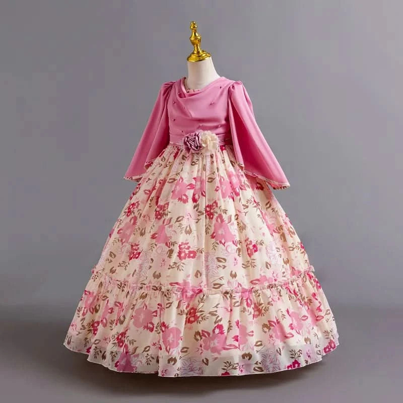 Girls flower pearl long sleeved princess dress 4-12 years old elegant bow printed long dress carnival birthday party performance - M & M Global