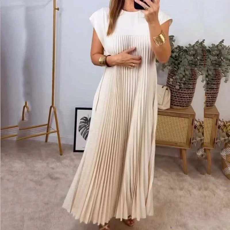 Chic Simple O-neck Pleated Long Dress Women 2024 Fashion Solid Sleeveless Boho Beach Dress Casual Pocket Female Loose Maxi Dress - M & M Global