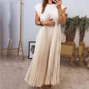 Chic Simple O-neck Pleated Long Dress Women 2024 Fashion Solid Sleeveless Boho Beach Dress Casual Pocket Female Loose Maxi Dress - M & M Global