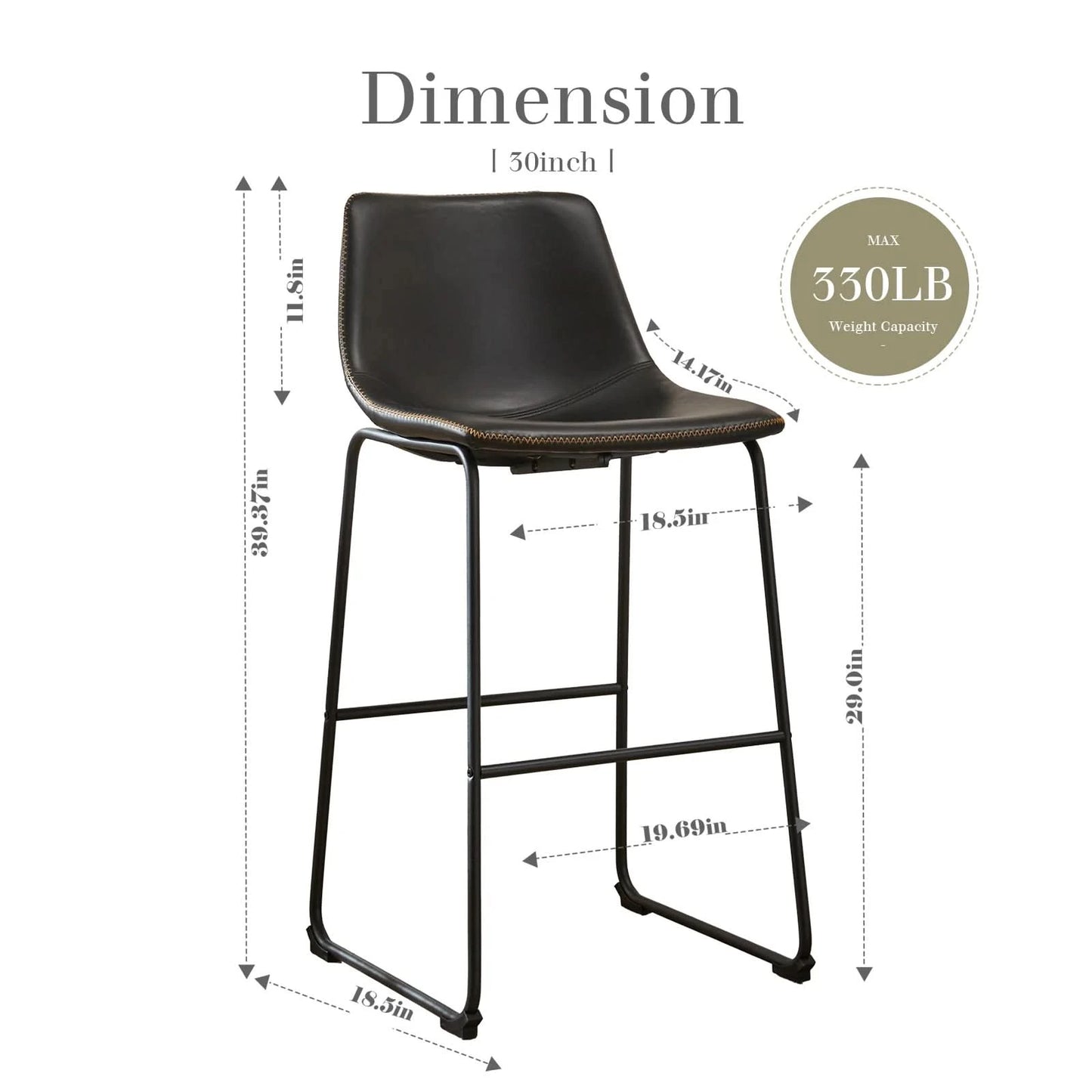 JHK Leather Modern Bar Bench 2-piece Set Armless Metal Leg Brown Bar Bench with Backrest Home Chair Living Room Furniture