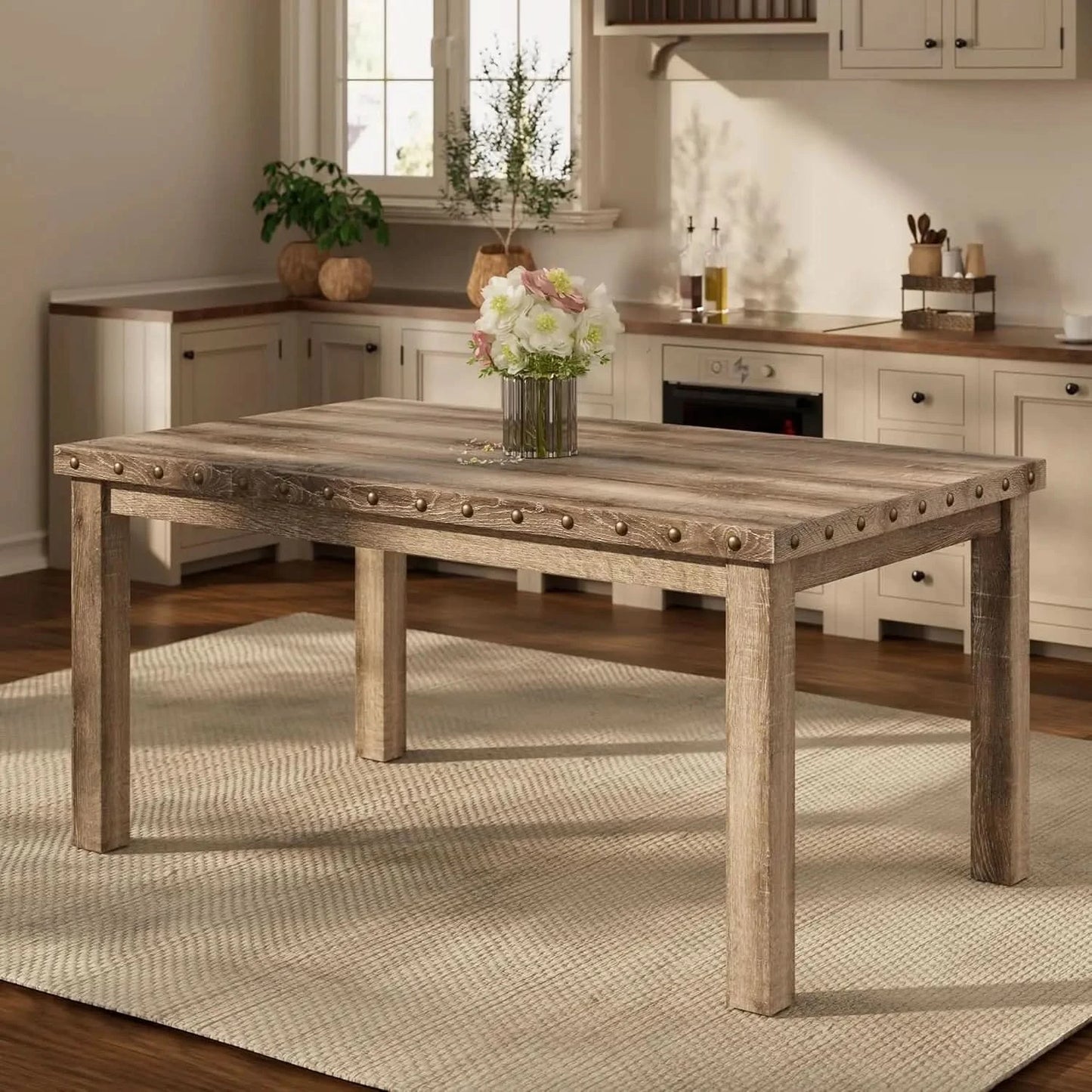 Rustic Dining Table, Farmhouse Kitchen Dining Chairs , Charming 60" Rectangular Wooden Table& Upholstered