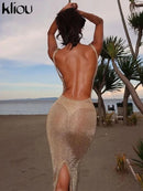 kliou Shiny Long Dress Stunning Women Solid Summer Thin Mesh Sheer Backless Sleeveless Bodycon Female Elegant Fashion Vestidos - M & M Global