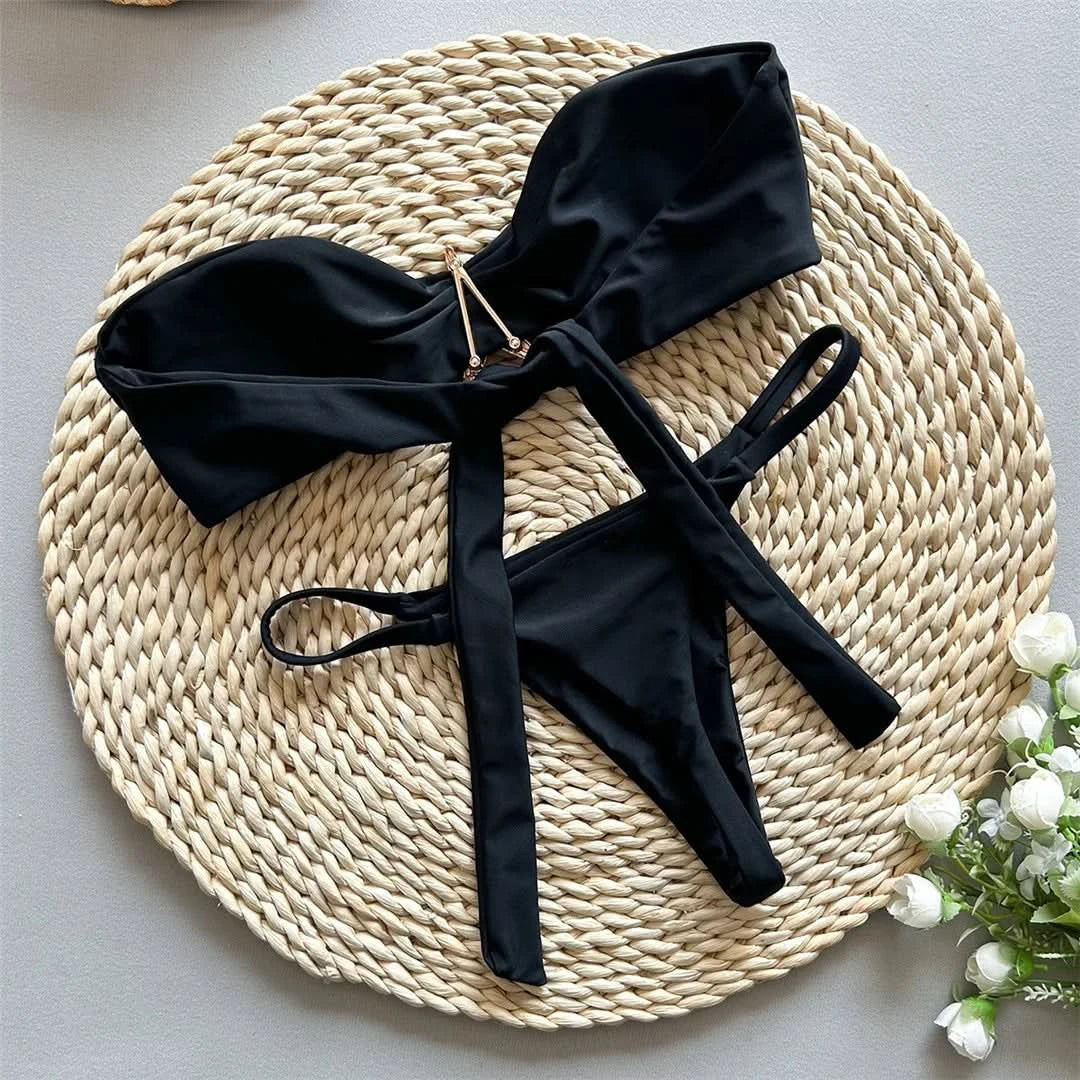 New Metal Star Bandeau High Cut Thong Bikini Women Swimwear Female Swimsuit Two-pieces Bikini set Bather Bathing Suit Swim V6422 - M & M Global