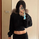 New American Style Hooded Sweatshirt Jacket Zipper Spring Autumn Short Design Top Short Outerwear Fur Collar Commuter Style