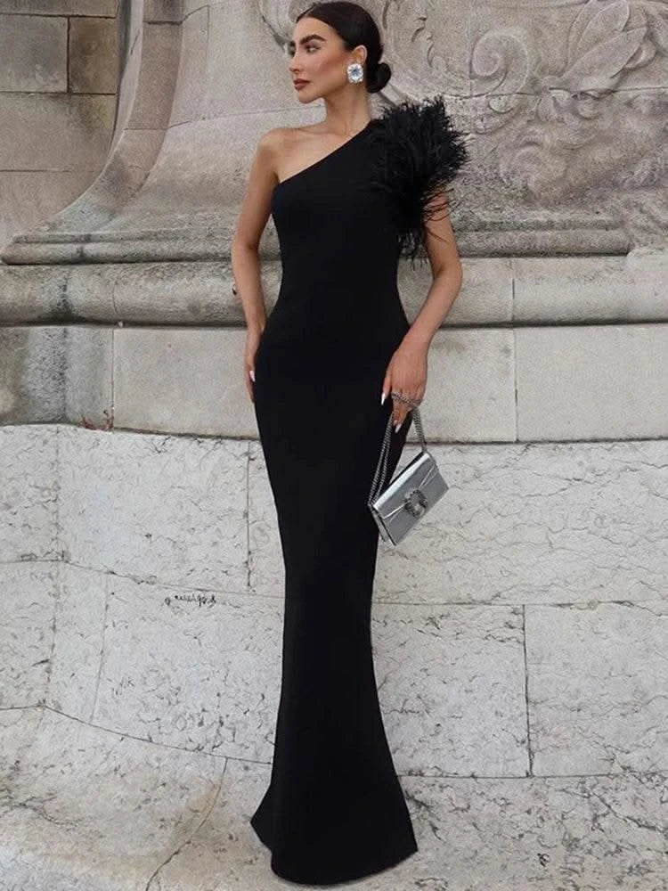 Dulzura Black Sleeveless One Shoulder Maxi Dress For Women Bodycon Sexy Party Elegant Long Dress Birthday Evening Outfit - M & M Global
