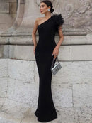 Dulzura Black Sleeveless One Shoulder Maxi Dress For Women Bodycon Sexy Party Elegant Long Dress Birthday Evening Outfit - M & M Global