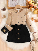 Girls’ 2-Piece Heart & Polka Dot Top and Black Skirt Set