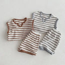 Summer baby clothes 0-5T solid color boys striped sleeveless T-shirt shorts set breathable girls vest short sleeved shorts set - M & M Global