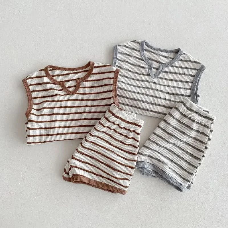 Summer baby clothes 0-5T solid color boys striped sleeveless T-shirt shorts set breathable girls vest short sleeved shorts set - M & M Global