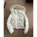Y2K American Retro Fluffy Fur Collar Hooded Cotton Coat Women Solid Cream Winter Warm Slim Casual Jacket