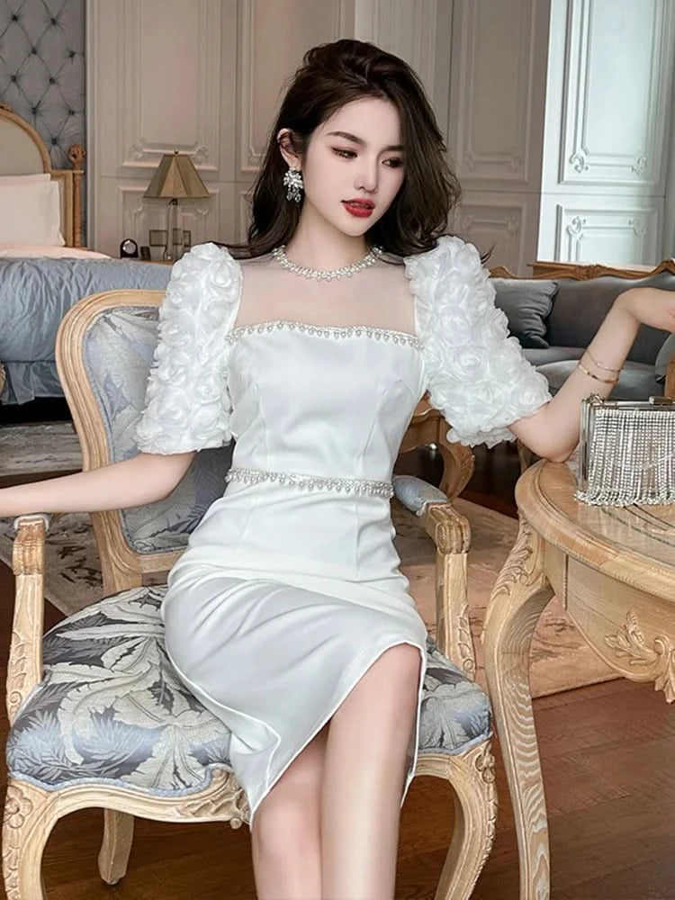 Fashion Elegant Formal Dresses Sweet Celebrity Beaded White Long Dress Sheer Mesh Flowers Split Robe Femme Prom Party Vestidos - M & M Global