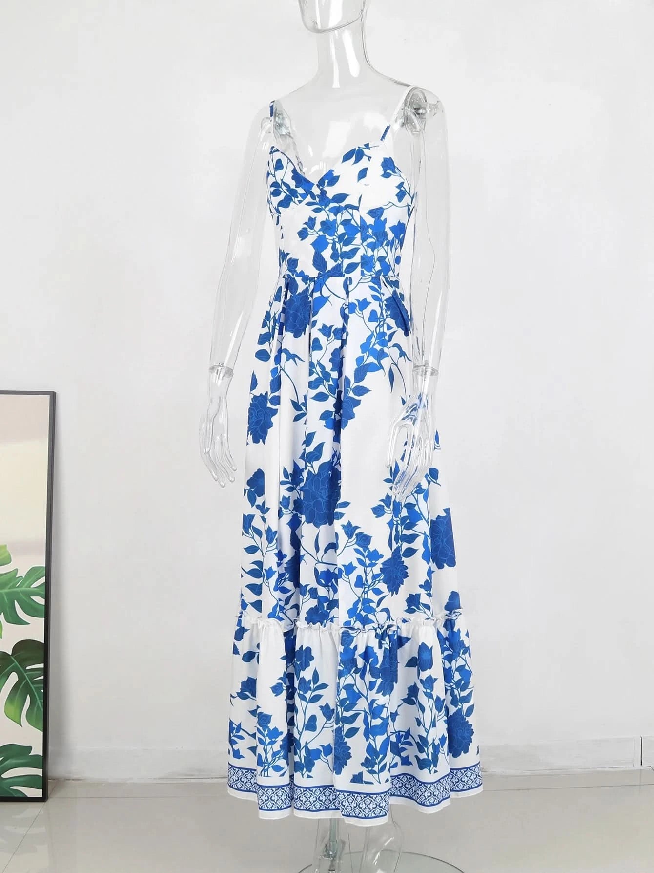 Summer Print Long Dress Women Clothing Lace Up Sling Party Dresses Pattern Strappy Ladies Hollow Out V-Neck Beach Vestidos - M & M Global