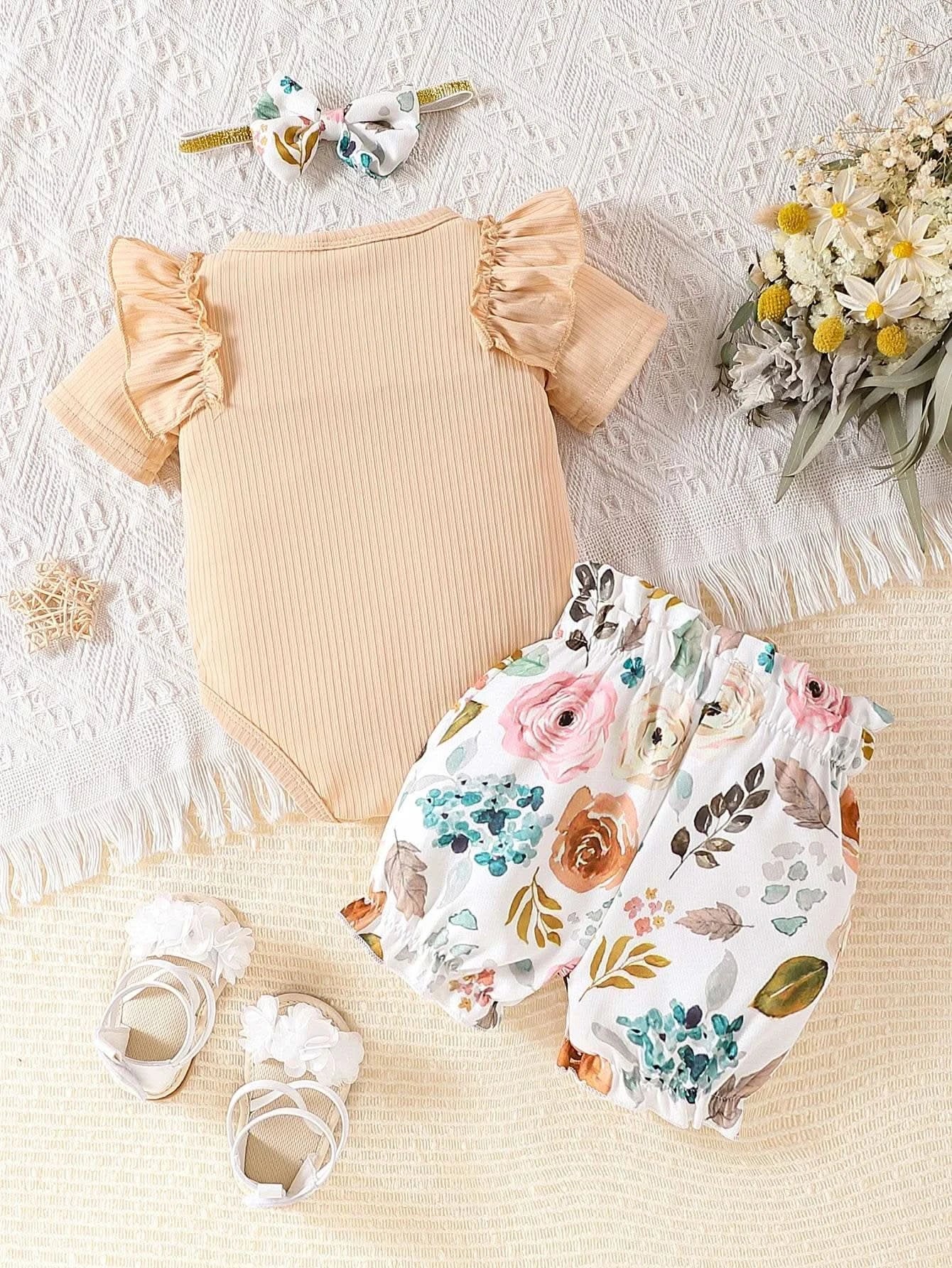 3pcs Newborn Baby girl Ruffle Short sleeve Bodysuit+Bow Printed shorts+Headband 0-18 Months Cute Baby Summer Set - M & M Global