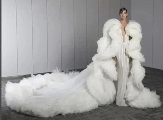 luxury Fully  long dress with ruffles cape tulle cloak Wedding attire Fashion Stage cloak custom  party prom dress - M & M Global