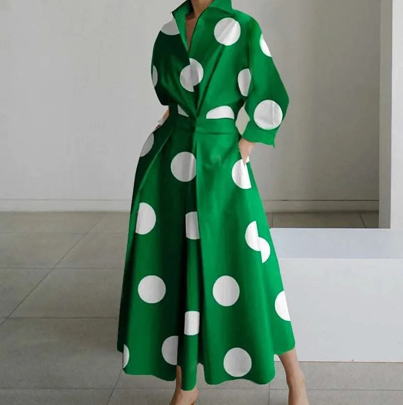 Autumn Dress Long Sleeve Dot Print Elegant Maxi Dresses For Women 2023 White Casual V Neck Shirt Party Long Dress Robe Femme - M & M Global