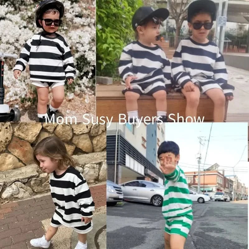 Baby Girl Boy Cotton Striped Clothes Set Hoodie and Shorts 2pcs Infant Toddler Child Tracksuit Spring Autumn Summer 1-7Y - M & M Global