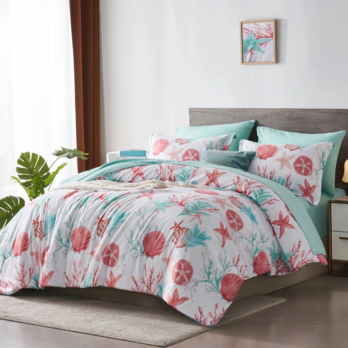 7-Piece Boho Bed in a Bag Comforter Set – Queen Size Bedding with Starfish Coral Print – Bohemian Comforter, Sheets & Pillowcases Included