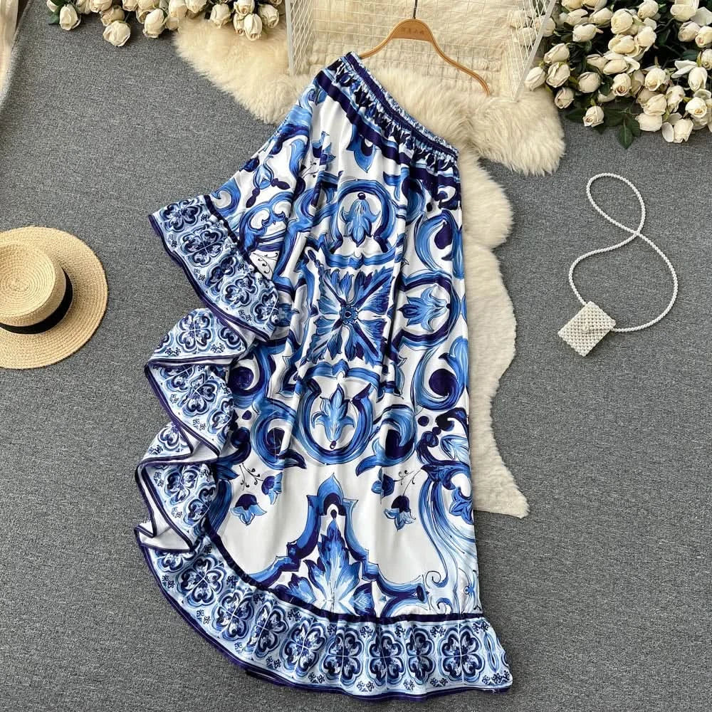 Summer Long Dress Women Runway Blue And White Porcelain Asymmetry Sexy Off The Shoulder Ruffles Hem Loose Robe Maxi Vestidos - M & M Global