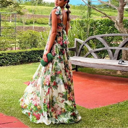 Sexy Summer Party Dress Women Fashion Bow Straps High Waist Pleated Beach Dress Chiffon Casual Floral Print Bohemian Long Dress - M & M Global