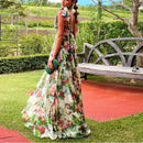 Sexy Summer Party Dress Women Fashion Bow Straps High Waist Pleated Beach Dress Chiffon Casual Floral Print Bohemian Long Dress - M & M Global