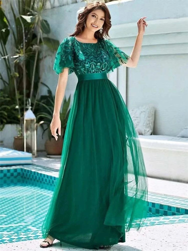 2023 New Women's Burgundy A-Line Sequin Mesh Leaf Maxi Prom Dress Sparkle Evening Dresses O-Neck Short Sleeve Long Dress - M & M Global