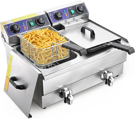 Commercial Electric Deep Fryer 23.4L 3000W Fryer w/Time Control and Oil Filtration Dual Removable Basket Stainless Steel Counter - M & M Global