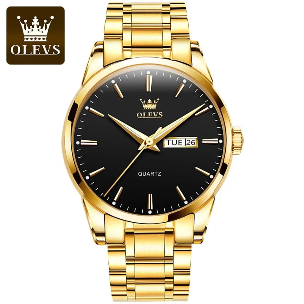 OLEVS Men Watches Waterproof Stainless Steel Quartz Male Wristwatch Gold Watch Fashion Luminous Luxury Calendar Business Clock - M & M Global