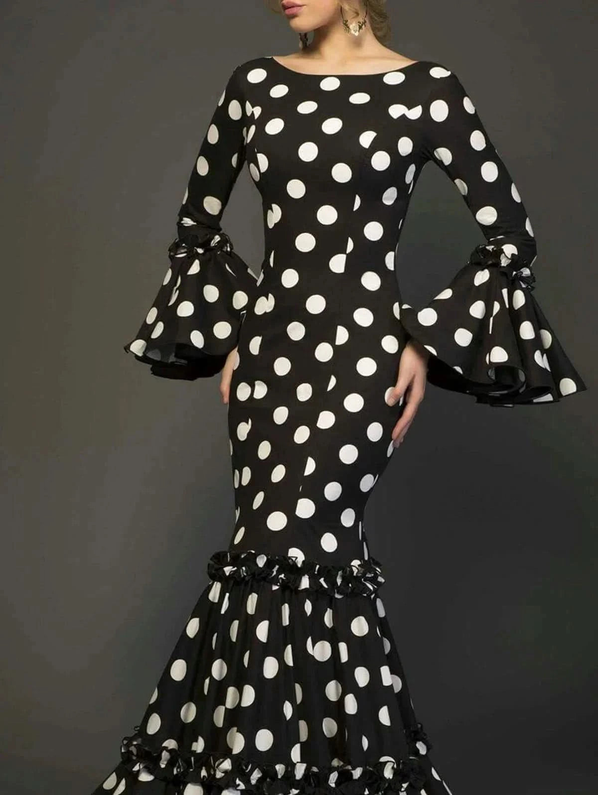 Polk Dot Print Long Dress for Women Flare Sleeve Ruffle Elegant Trumpet Dress Slim Round Neck Vintage Autumn Female Dresses 2024 - M & M Global