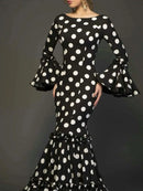 Polk Dot Print Long Dress for Women Flare Sleeve Ruffle Elegant Trumpet Dress Slim Round Neck Vintage Autumn Female Dresses 2024 - M & M Global