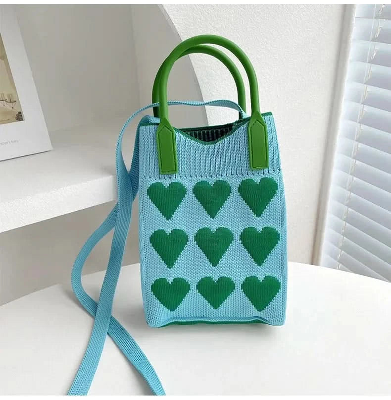 Korean Fashion Heart Knitted Mini Square Handbag for Women Small Mobile Phone Shoulder Bags Girls Cute Outdoor Crossbody Bags - M & M Global