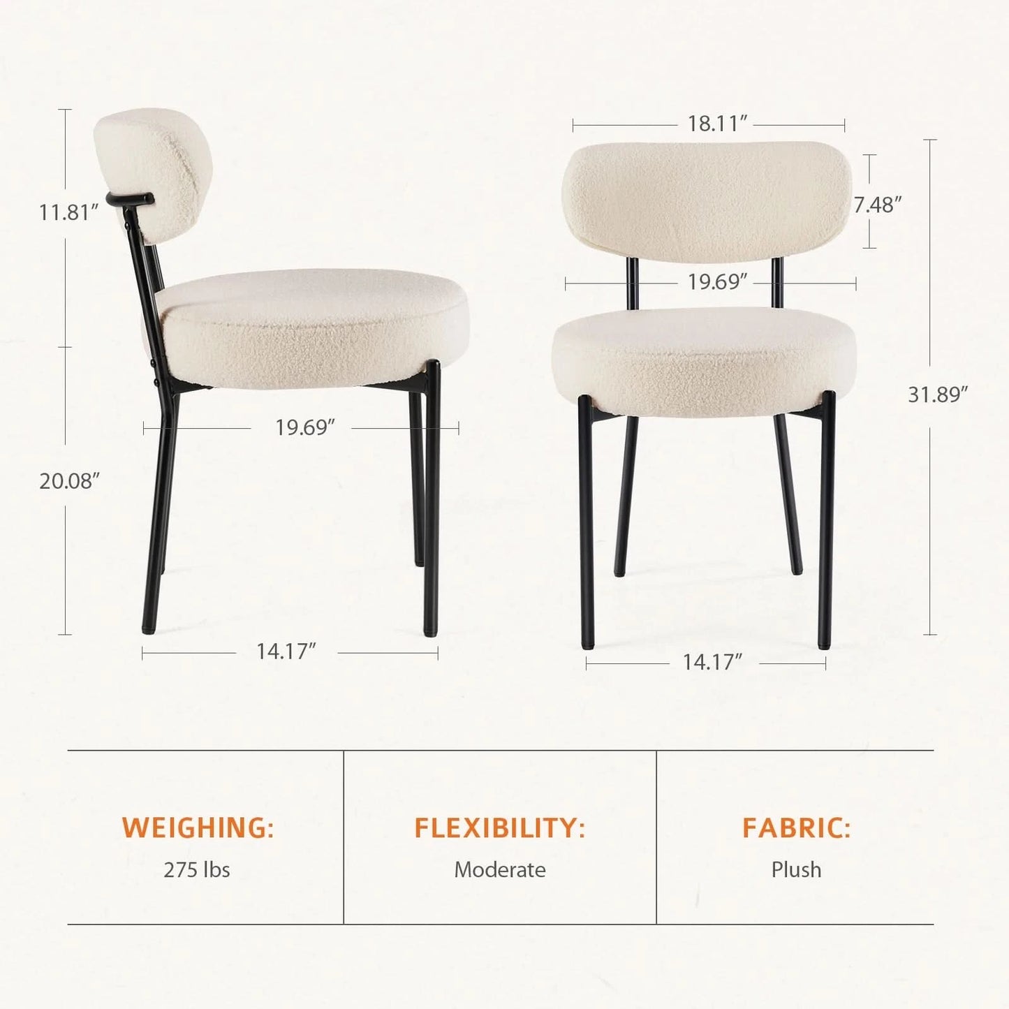 JHK Ergonomic Round Dining Chairs Set of 2 Plush Fabric Kitchen Chairs with Curved Backrest Metal Legs For Living Room