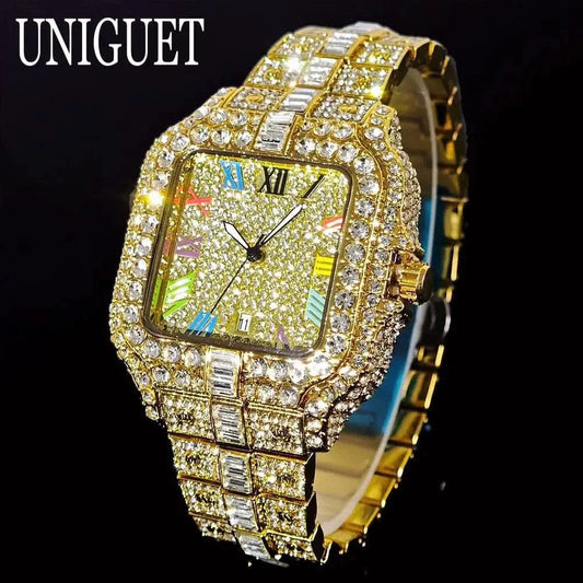2025 UNIGUET Luxury Diamond Watch For Men With Rainbow Dial Calendar Quartz Watches Fashion Hip Hop Iced Out Wristwatch Man Gift - M & M Global