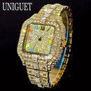 2025 UNIGUET Luxury Diamond Watch For Men With Rainbow Dial Calendar Quartz Watches Fashion Hip Hop Iced Out Wristwatch Man Gift - M & M Global