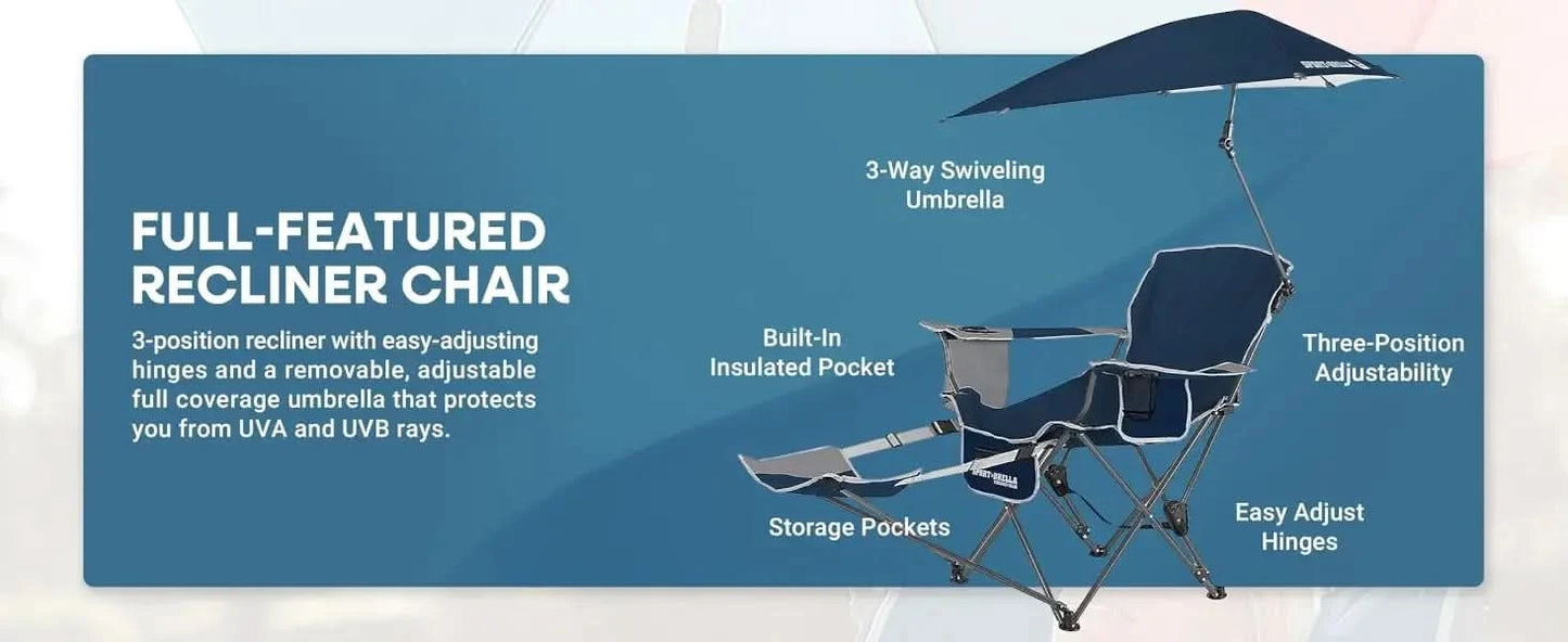 Reclining Beach Chair, 3-position adjustability with detachable detachable footrest lets, swiveling umbrella with UPF50+material