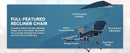 Reclining Beach Chair, 3-position adjustability with detachable detachable footrest lets, swiveling umbrella with UPF50+material
