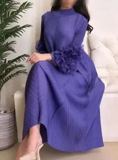 ANLAN Miyake Pleated Maxi Long Dress Mesh Petal Sleeve Half Turtleneck Formal Dresses for Women 2024 New Hot Sales 6KK9927 - M & M Global